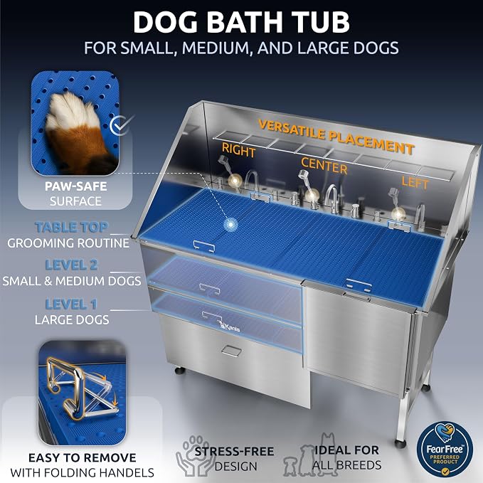 KANIS Professional Dog Washing Station 304 Stainless Steel Pet Wash Sink | Grooming Bathtub w/Shower, Floor Grates and Storage for Large, Medium & Small Pets (Silver, 61 Inches, Right Ramp, 1 Drawer) - Image 6