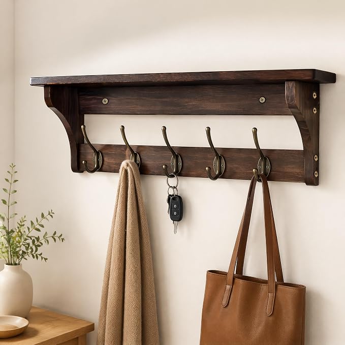 Wall Mounted Coat Rack with Shelf, Solid Wood & Metal Hooks – 23.2 Inch Entryway Organizer with 5 Hooks for Hanging Coats, Hats, Bags, Keys, Rustic Brown for Hallway, Bedroom, Bathroom（23.2 Inch） - Image 7