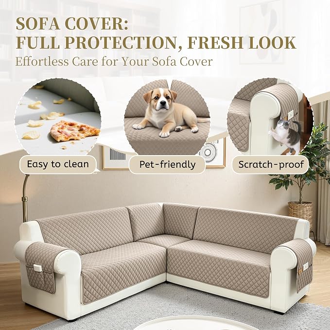 Sectional Couch Covers for Dogs 100% Waterproof Corner L Shaped Sofa Cover Pet Friendly Velvet Washable Anti Slip L Shape Modular Sofa Slipcover Protector with Pockets (Taupe, XX-Large) - Image 4
