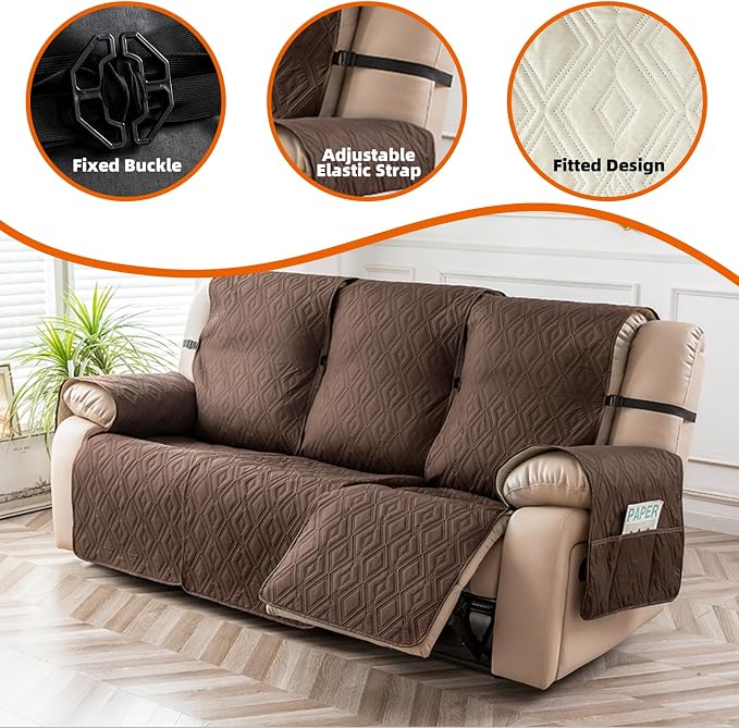 Genina Waterproof Reclining Couch Cover 3 Seat, Recliner Sofa Covers Non-Slip Recliner Couch Cover Furniture Protector with Elastic Straps for Pets, Dogs (Chocolate, Recliner Sofa) - Image 7