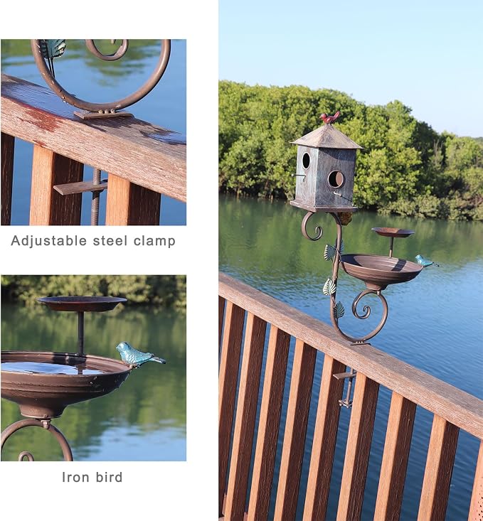 Deck Bird Bath, Metal Bird Bath and Bird Houses, Deck Mounted Bird Bath | Detachable and Adjustable Sturdy Deck Bird Bath for Outdoor Porch Yard Garden Decoration - Image 4