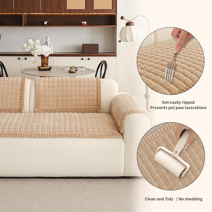 Couch Covers for Sofa Washable, Non Slip Couch Covers for Dogs, Soft Plush Pet Friendly Dog Couch Cover, Plaid Couch Protector for Dogs, Pet Couch Cover for LoveSeat(Light Brown,28"×59",1PC) - Image 6