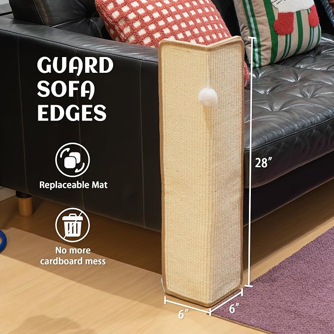 PETKARAY 27.9'' Cat Scratching Post for Couch Corner, Furniture Protector | Under-Furniture Cat Scratcher, Natural Sisal Scratch Pad, Anti Scratch Couch Protector for Indoor Cats with Toy Ball - Image 6