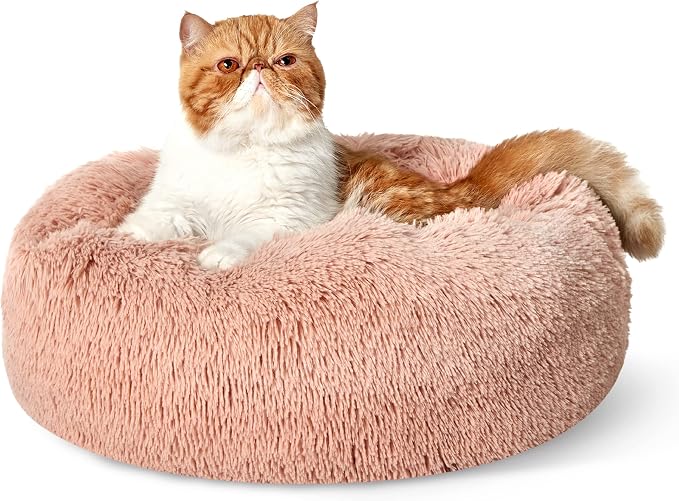 Bedsure Calming Cat Beds Donut Round Washable Kitten Bed,20 inches Pink | Fluffy Faux Fur Cuddler,Machine Washable,Anti-Slip Bottom,Anti-Anxiety,Deep Sleeping for Cats&Small Pets Up to 15 Lbs by Unknown