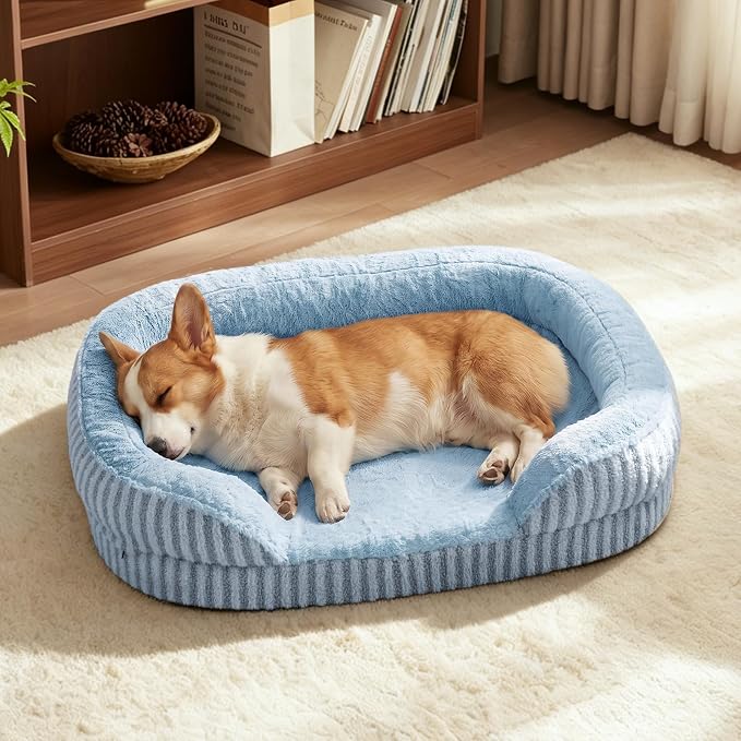 MIXJOY Orthopedic Dog Beds Large Sized Dog,Large Washable Dog Bed Waterproof Oval Dogs Bed with Removable Cover,Egg-Crate Foam Big Pet Bed Couch Sofa with Bolster Sides,Non-Slip Bottom,L 35"X25",Blue by MIXJOY
