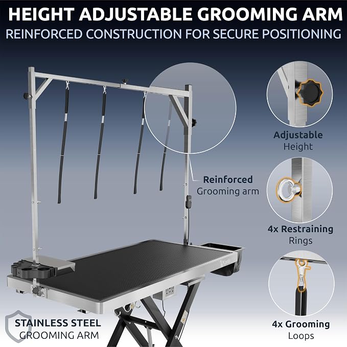 KANIS Professional Electric Dog Grooming Table - Heavy Duty | Height Adjustable Pet Grooming Table w/Leveling Wheels, Dog Grooming Arm, Anti-Slip Tabletop & Tool Organizer (Black, 49") - Image 7
