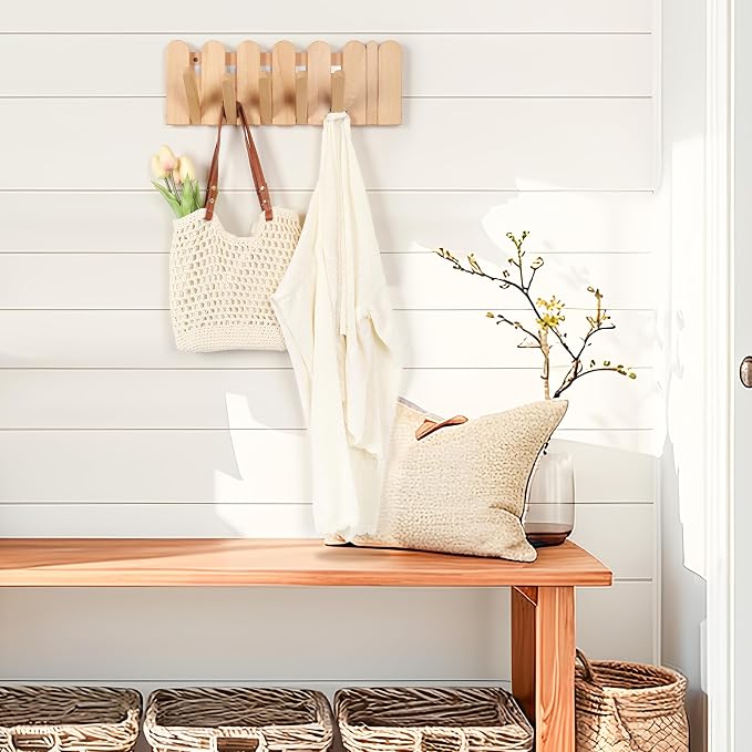 Wooden Boho Wall Mount Coat Rack 6 Hooks 16.8'' | Entryway Hanger with Magnetic Foldable Hooks Mounted, Space Saving for Hanging Jacket Bag for Apartments & Modern Homes - Image 4