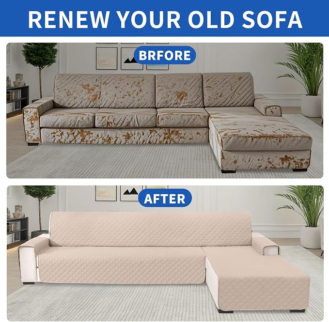 Waterproof Sectional Couch Covers for Dogs, Reversible L Shaped Couch Cover, Chaise Lounge Cover for Sectional Sofa, Sofa Covers Washable Sectional for Pets Dog Cat (Small, Beige) - Image 7
