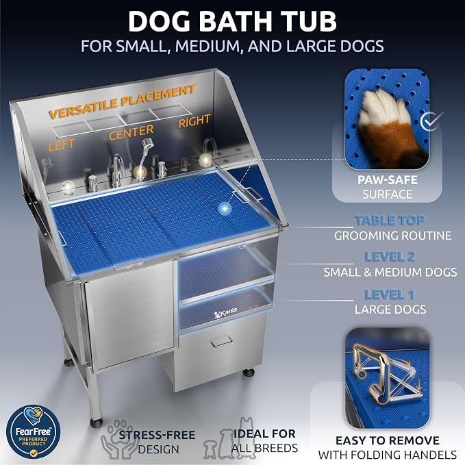 KANIS Professional Dog Washing Station 304 Stainless Steel Pet Wash Sink | Grooming Bathtub w/Shower, Floor Grates and Storage for Large, Medium & Small Pets - Image 6