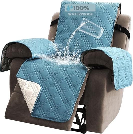 PrinceDeco Recliner Cover 100% Waterproof Couch Cover Sofa Cover for Living Room Water Resistant Furniture Protector with Elastic Straps for Pets Dog(Recliner28,Smoke Blue) by PrinceDeco