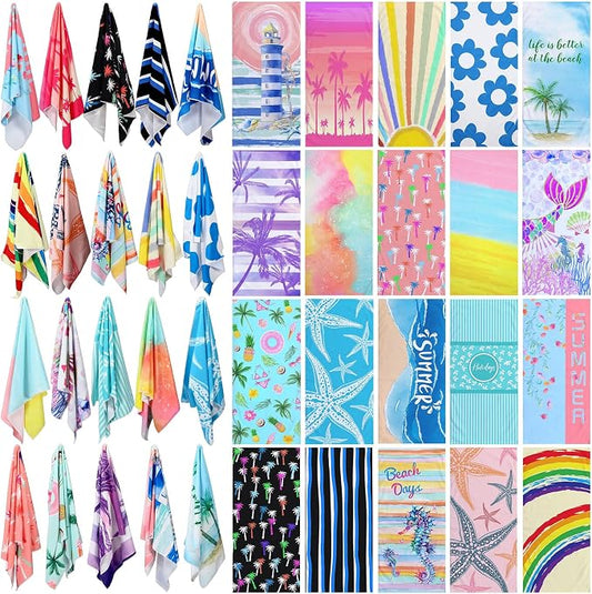Newwiee 20 Pack Oversized Beach Towels Bulk 59" x 28" Soft Microfiber Sand Free Towels Absorbent Lightweight Quick Dry Assorted Vibrant Patterns for Hawaii Pool Travel Bath Outdoor Camping by Newwiee