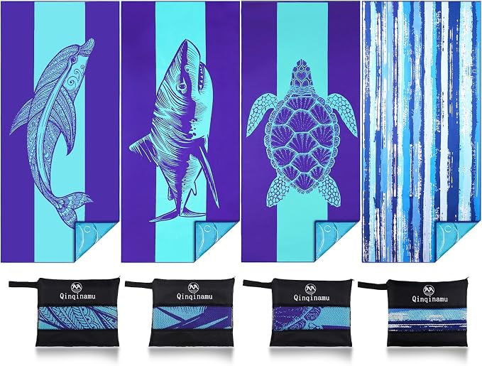 4 Pack Microfiber Oversized Lightweight Beach Towel 71"x32" XL Extra Large Thin Sand Free Towels Travel Swim Pool Yoga Gym Camping for Adults Beach Essentials Accessories Vacation Gift by Qinqinamu