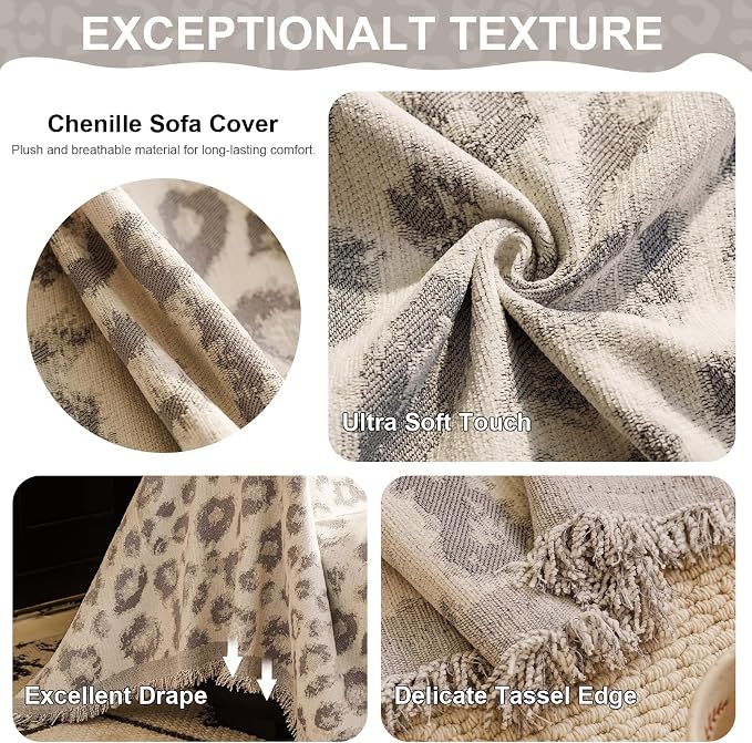 VClife Boho Couch Covers Vintage Leopard Sofa Covers for Sectional Couches, Washable Chenille Couch Cover for 3 Cushion Couch Sofa, Multi-Functional Living Room Furniture Protector for Sofa Bed, Gray - Image 3
