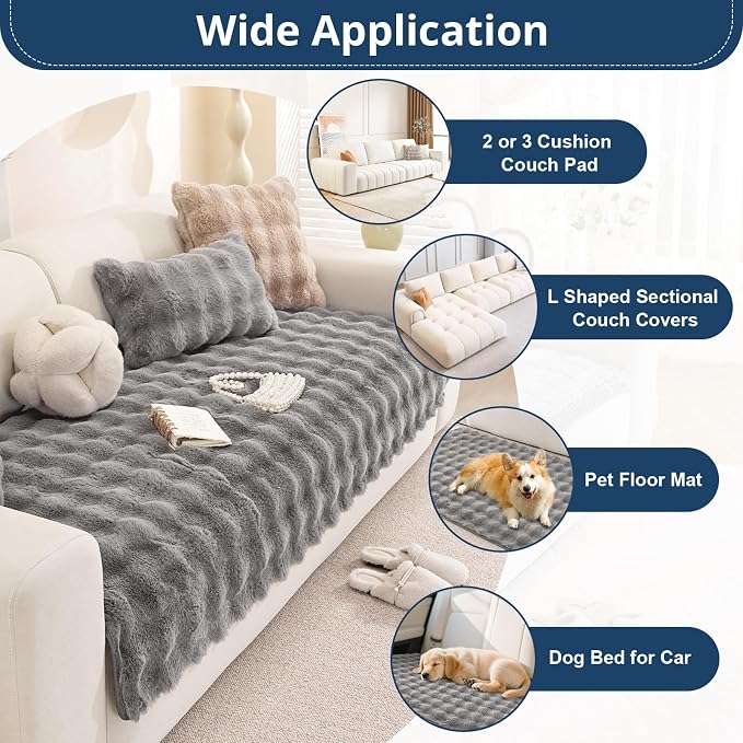 OstepDecor Faux Fur Couch Covers for Sofa, Soft Plush Sofa Covers Washable | Non Slip Dog Couch Protector, Pet Hair, Dirt & Wear Protection, Fits Sofas, Loveseats & Sectionals, 35.4" x 82.7", Grey - Image 5
