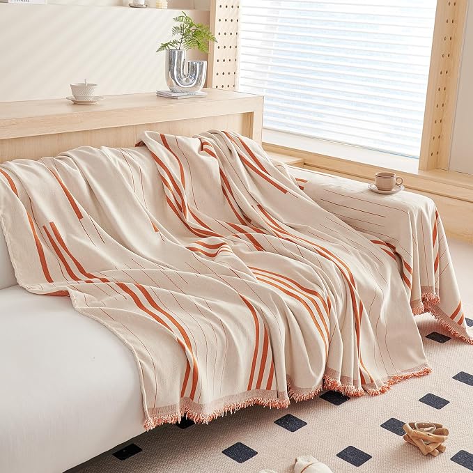 DREAMINGO Couch Cover Reversible Chenille Furniture Protector Sofa Covers for Pets Kids Beige Orange Couch Cover for 3 Cushion Couch Sofa Vertical Stripe Jacquard Sofa Slipcover Sectional, 71"x134" - Image 2