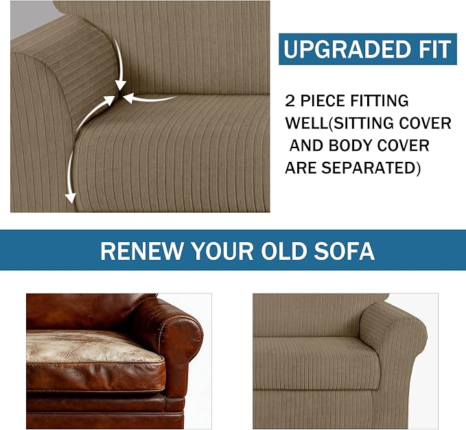 Armchair Cover Stretching Skid Resistance Couch Cover for Pets Washable, Thick and Durable Soft High Spandex Striped Pattern Sofa Covers, Form Fitted Chair Slipcover(Armchair, Khaki) - Image 4
