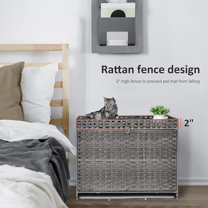Cat Litter Box Enclosure with Door, Hidden Cat Washroom Furniture | Handwoven PP Wicker; Soft Litter Mat Included; Spacious Interior; Furniture-Style Design; Indoor Home Décor - Image 3