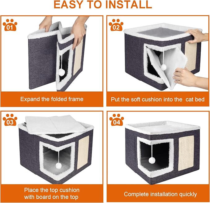 Loyareal Cat Houses for Indoor Cats - Large Cat Bed Cave with Scratch Pad and Fluffy Ball, Foldable Cat Condo Hideaway with Reversible Cushion for Multi Small Pet, Dark Grey - Image 6
