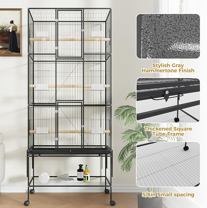 69" H Large Bird Cage, Bird Cage with 3-Tier Platforms, Ladders, Perches, Feeder, Wide Birdcage for Parakeets, Conures, Lovebirds, Quaker, Cockatiels, Budgie, Black - Image 7