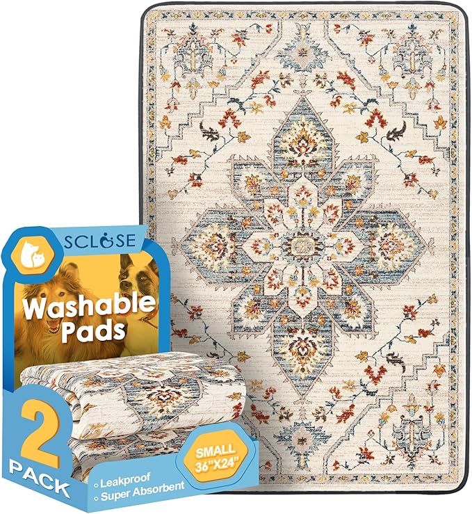 SCLOSE Washable Pee Pads for Dogs 2 Pack, 36" x 24" Reusable Puppy Pads Waterproof, Super Absorbent Dog Rugs, Leakproof, Dog Crate Pad, Playpen Mat, Whelping Pads, White Medallion by SCLOSE