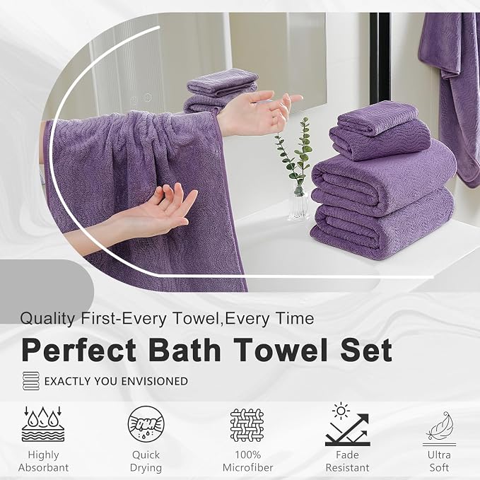 4 Piece Extra Large Bath Towel 35"x70" Oversized Bath Sheet Bath Towel Set for Bathroom Ultra Soft Cozy Highly Absorbent Quick Dry Bathroom Towel for Spa Gym Hotel,Shower Towel for Daily Use,Purple - Image 7