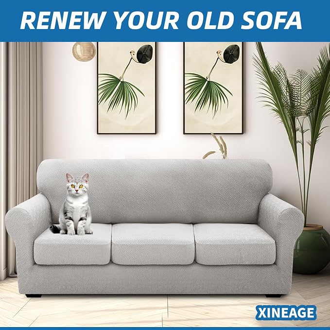 XINEAGE 2026 New 4 Pieces Couch Covers for 3 Cushion Couch Super Stretch Thick Soft Sofa Cover Anti Slip Sofa Slipcover Dogs Cats Furniture Protector (Silver Grey, 71"-91") - Image 4