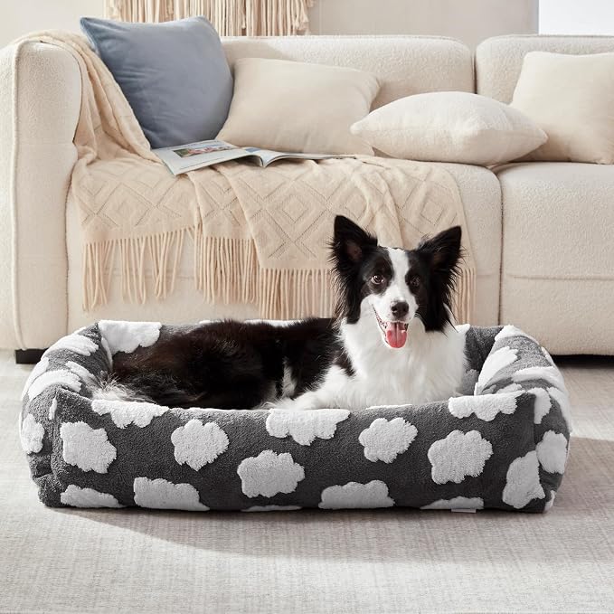 JOEJOY Cute Dog Bed Medium Size Dog, Rectangle Soft Furry Dog Beds for Large Medium Dogs, Washable Orthopedic Pet Bed with Removable Zipper Cover, Grey by JOEJOY