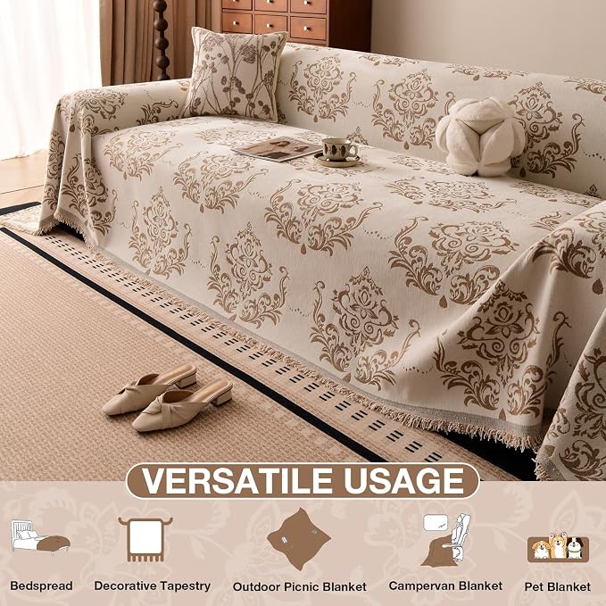 STACYPIK Vintage Floral Sofa Cover for Dogs, Versatile Couch Cover Blanket | Beige, Thick Chenille, Washable Jacquard Couch Protector for 2 Cushion Couch/Loveseat/Sectional Sofa, Pet Friendly-71"x118" - Image 6