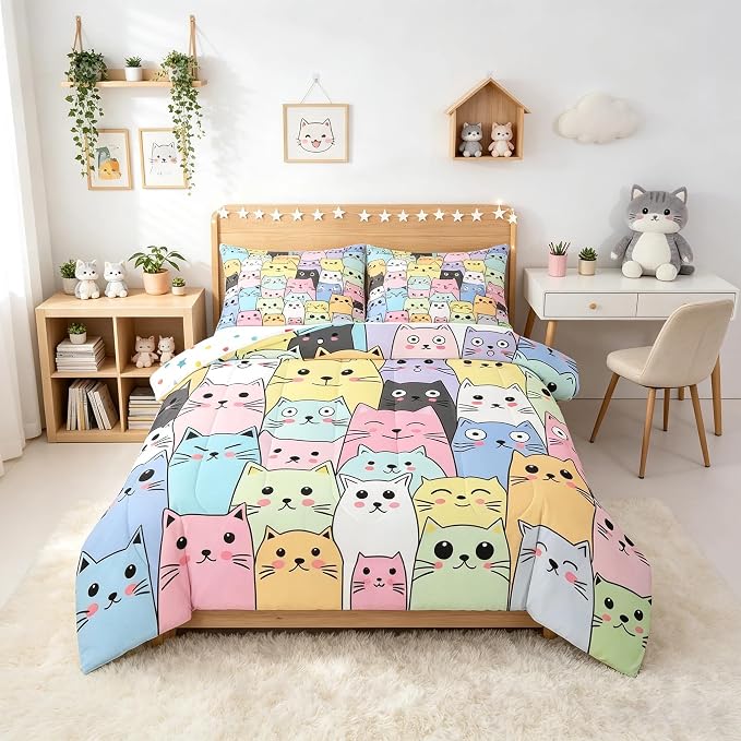 Feelyou Cat Comforter Set Full Size for Girls Kids Cute Colorful Cat Bedding Cartoon Theme Children Room Decor Kawaii Kitten Ultra Soft Microfiber Bed Sets 3 Piece by Feelyou