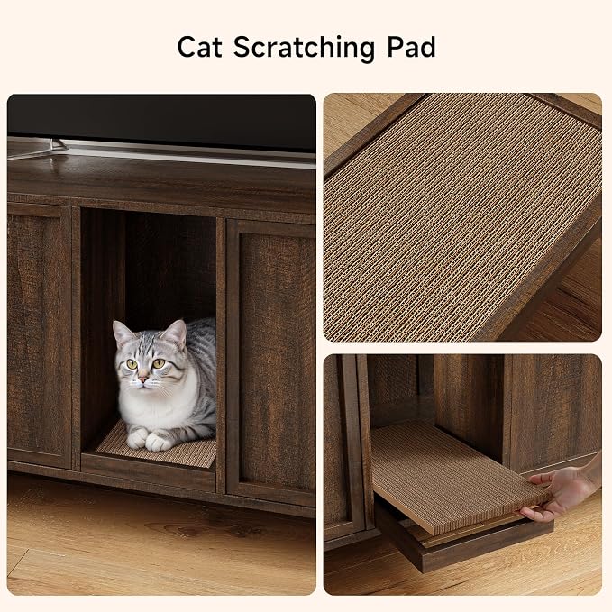 ONBRILL 59 Inches Cat Litter Box Enclosure for 2 Cats, Hidden Litter Boxes Furniture with Cat Scratch Pad, Large Indoor Pet House with Double Room, Wooden TV Stand Side Table, Brown - Image 8