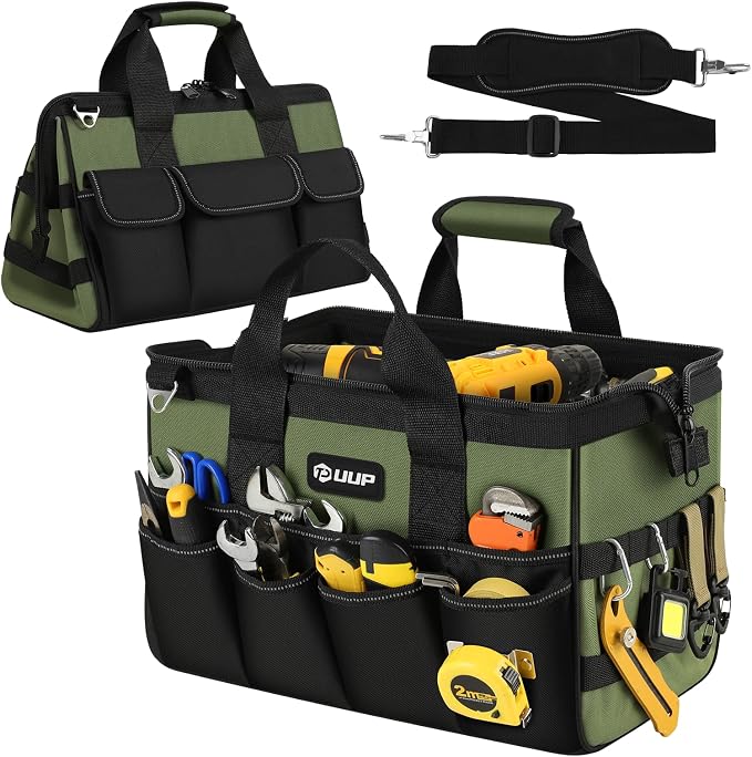 UUP Heavy Duty Tool Bag 15Inch, 16-Pocket Portable Empty Tool Box Organizer | Big Storage Toolbox Organization, Soft Handle Large Zipper Carrying Toolbag, Father Day Gifts for Him Dad Men, Green by UUP