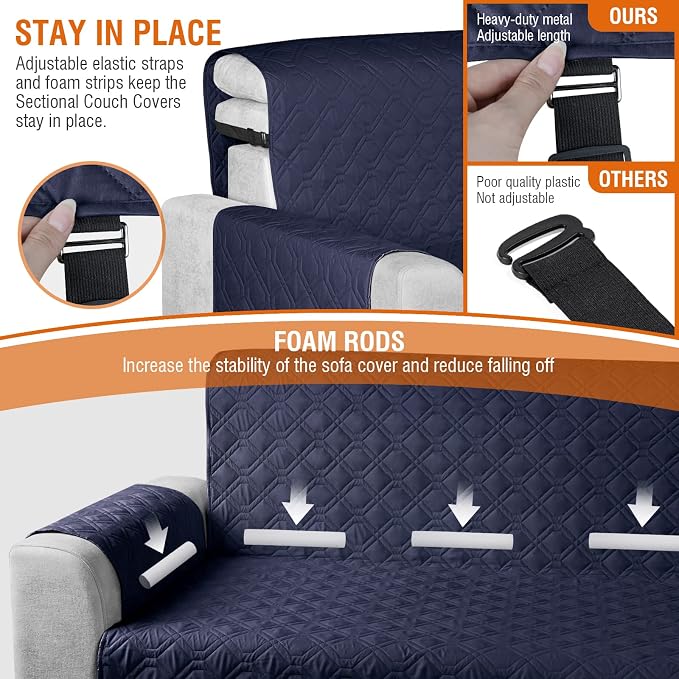 VANSOFY Sectional Couch Covers 100% Waterproof L Shaped Sofa Slipcover 3pcs Reversible Chaise Lounge Cover for Sectional Sofa Furniture Protector Cover for Pets Cat Dog(X-Large, Dark Blue) - Image 7