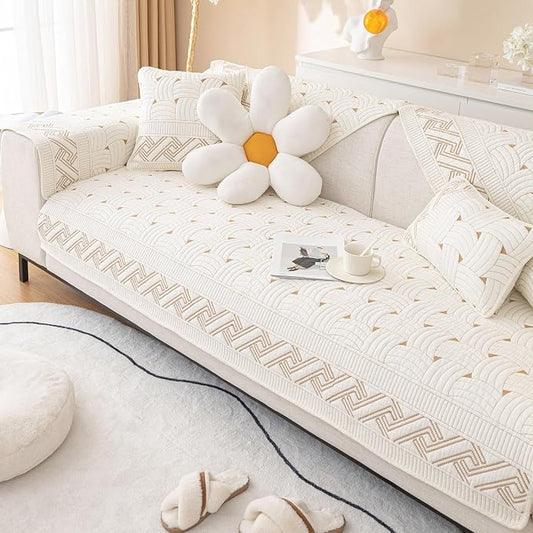 vctops Solid Color Cotton Quilted Sofa Couch Cover Weave Pattern Soft Sectional Couch Covers Embroidery Non-Slip Sofa Slipcover for Dogs, Children, Pets Furniture Protector (Cream,43"x70") by vctops