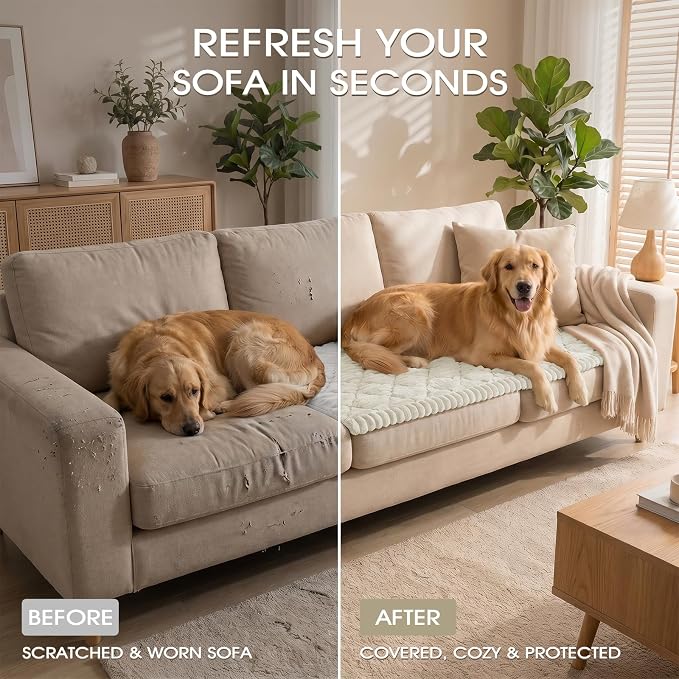 Non-Slip Washable Couch Cover for Dogs, Thick Plush Grid Flannel | 27.6"x70.9", Cream, 0.8" Thick, Rubber Dot Backing, Pet-Friendly Protector for Sofa, Floor, Window Bench, Car Seat or Camping - Image 8