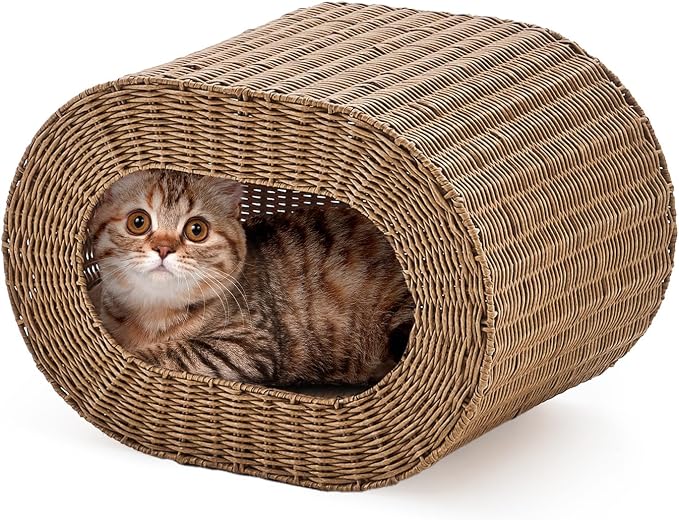 Cat House,Handwoven Cat Cave Pet Cube, Rattan Cat Beds Indoor Kitten House with Double-Sided Soft Cushions, Pet Cat House for Multiple Cats, for Living Room Bedroom by LGENHOOMHandwovenNaturalWaterHyacinthBasket