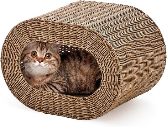 Cat House,Handwoven Cat Cave Pet Cube, Rattan Cat Beds Indoor Kitten House with Double-Sided Soft Cushions, Pet Cat House for Multiple Cats, for Living Room Bedroom by LGENHOOMHandwovenNaturalWaterHyacinthBasket