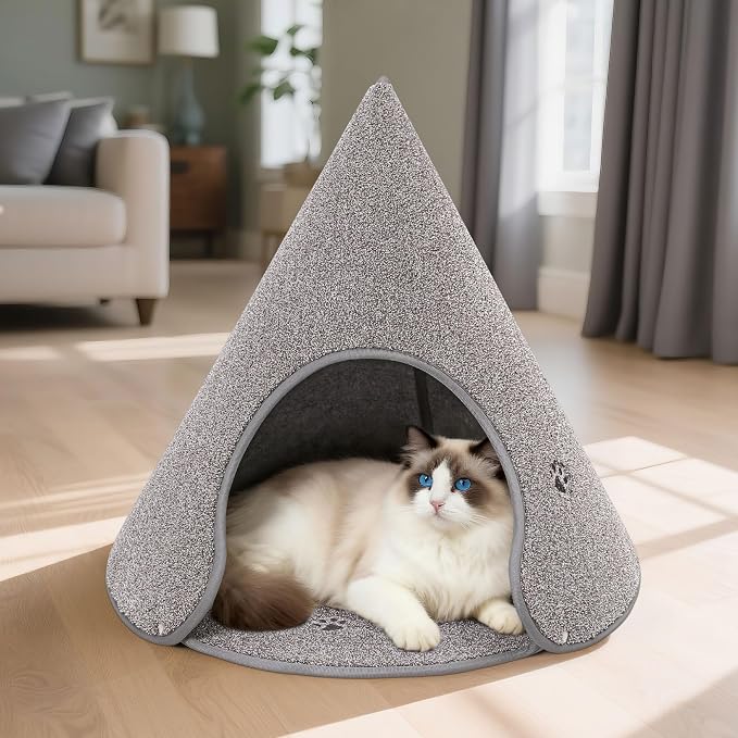 BEQHAUSE Cat Beds for Indoor Cats, Cat Cave Bed with Non-Slip Bottom, Grey | Anti-Scratch Cat House Cat Tent for Kittens and Small Dogs, Foldable Kitten Hideaway Machine Washable, 22.8 * 22.8 * 20.8in by BEQHAUSE