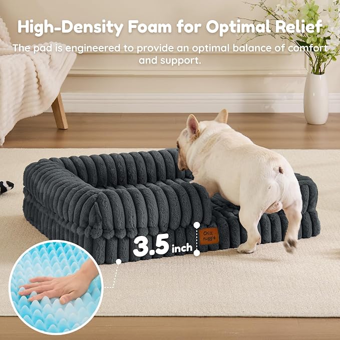 ChiXnuggle Faux Fur Orthopedic Dog Bolster Bed, Waterproof Washable Cover | rectangular dog sofa couch,egg crate foam,non-slip bottom,for small medium dogs,dark grey,30*24*7,puppy bed - Image 3