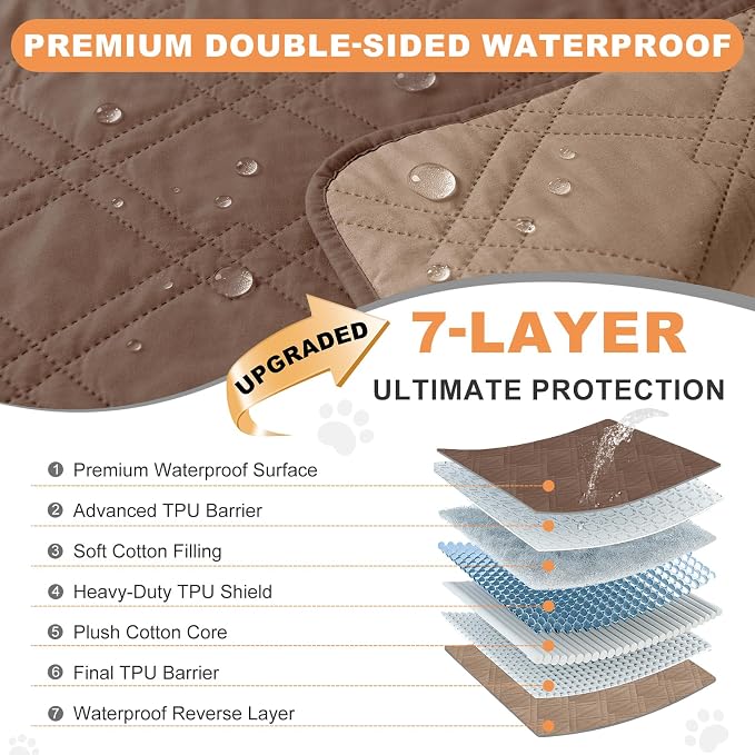 100% Waterproof Dog Bed Cover Pet Blanket 68"x82", 7-Layer Reversible Washable Bed Mat for Furniture Couch Sofa Car (Dark Brown+Taupe) - Image 2