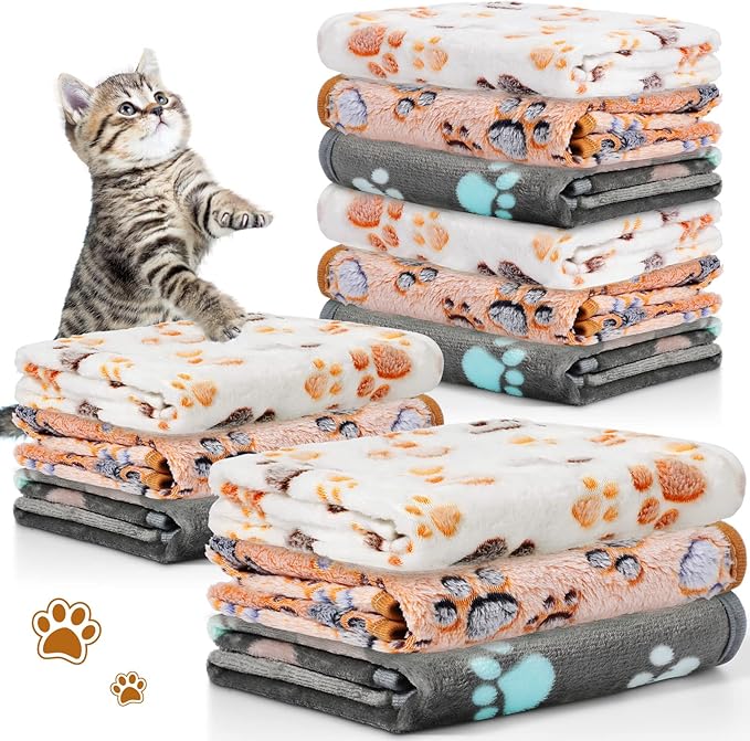 Tegeme 12 Pcs Pet Blankets 23 x 16 Inch Soft Fluffy Fleece Dog Cat Warm Paw Print Pattern Blankets Flannel Throw for Pets Dog Puppy Cat(Dark Gray, White, Camel) by Tegeme