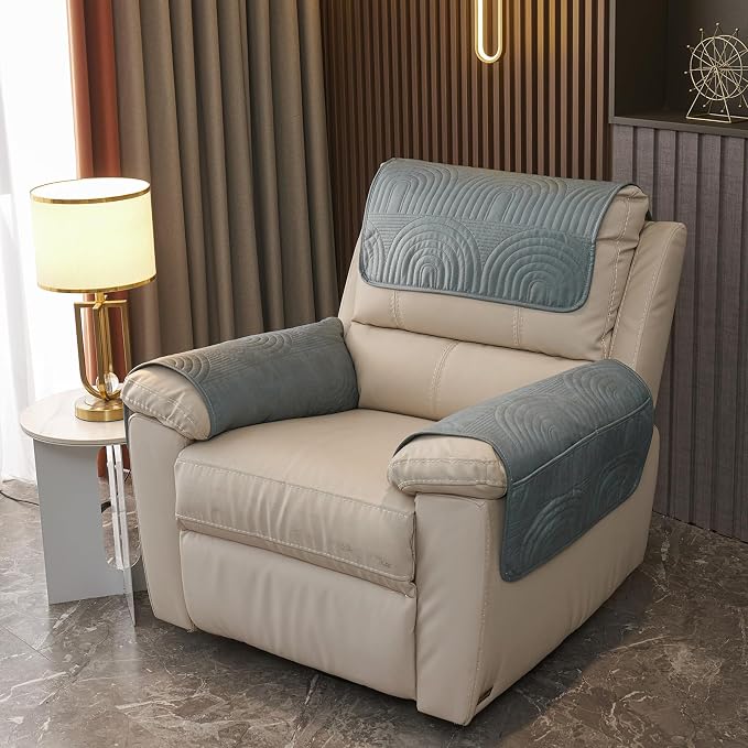 vctops 3 Pcs Water Resistant Sofa Armrest Cover Vintage Faux Suede Headrest Cover for Recliner Chair Arm Cover Non Slip Couch Cover for Dogs Washable Furniture Protector (Greyish Blue,1 Seat) - Image 3