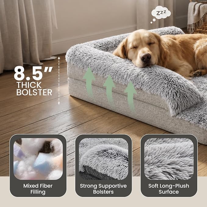 Corner Dog Bed XL, 42" Calming Fluffy Orthopedic Pet Beds, Beige | Space saving plush corner nest,egg-crate foam, washable cover, waterproof liner, non-slip bottom and bolsters for large dogs - Image 4
