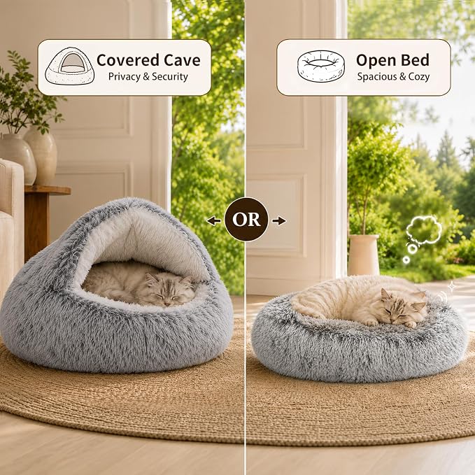 ShinHye Cat Bed Round Plush Fluffy Hooded Cat Bed Cave, Cozy for Indoor Cats or Small Dog beds, Soothing Pet Beds Doughnut Calm Anti-nxiety Dog Bed - Waterproof Bottom Washable (20×20inch, Grey) - Image 4