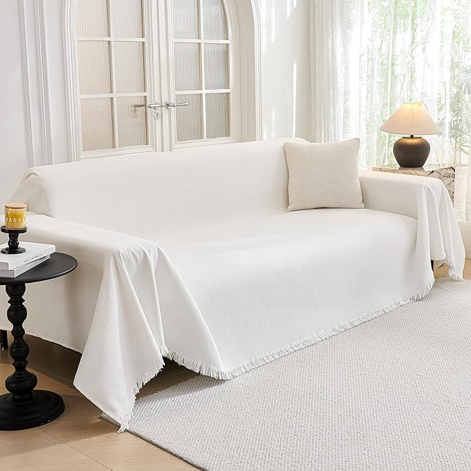 MYSKY HOME Oversized Couch Cover Sofa Covers Couch Covers for 3 Cushion Couch Sofa Pet Friendly L Shaped Couch Cover Sectional Couch Covers Non Slip Furniture Protector for Kids, Dogs, 91"x150", White by MYSKYHOME