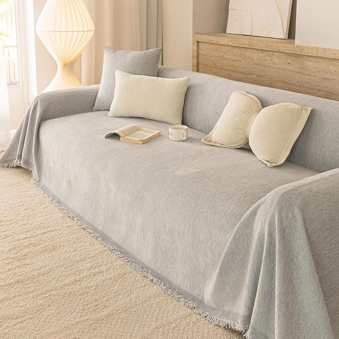 Gray Boho Couch Covers for Sofa Washable for 3 Cushion Couch,71''X134'' | Chenille Furniture Protector Sofa Couch Cover for Dogs, Soft Breathable Sofa Slipcover, Couch Throw Blankets with Tassels - Image 4
