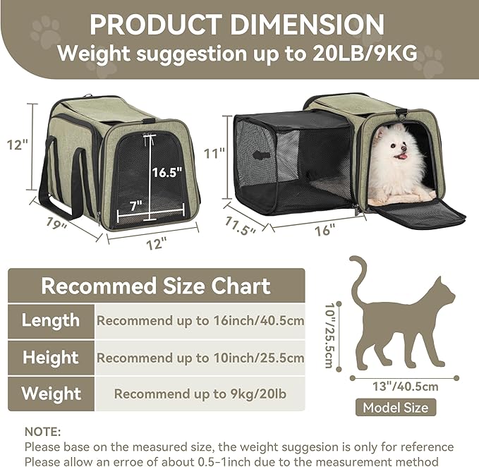 Petsfit 19"X12" X12" Expandable Pet Carrier, Square Expansion Reduces Pet Anxiety, Escape-Proof Self-Locking Zippers, 3 Easy-Access Entrances, for Cats & Small Dogs up to 18 lbs