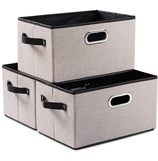 PRANDOM Large Fodable Storage Bins for Closet [3-pack] Decorative Linen Fabric Storage Bins Cubes with Leather/Metal Handles for Shelves Bedroom Living Room Light Grey (14.9x9.8x8.3 Inch) by Prandom