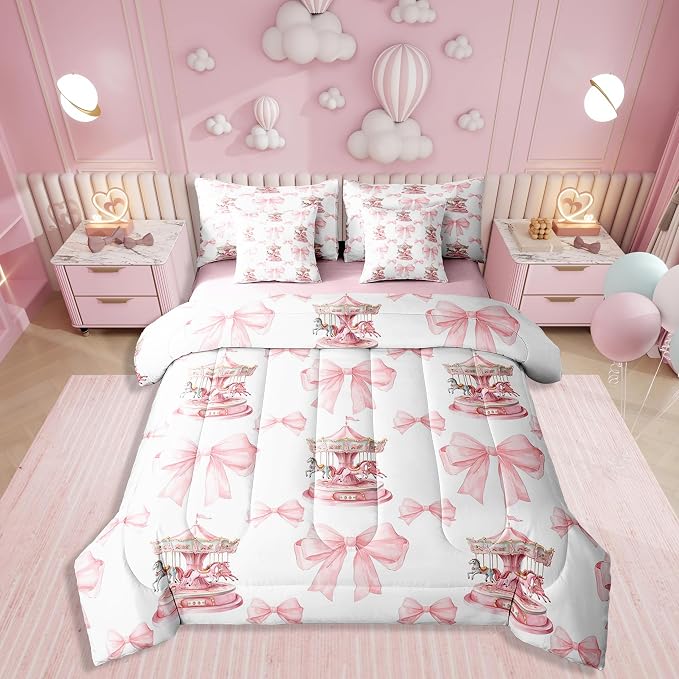 Erosebridal 7 Piece Girls Pink Princess Kids Comforter Set King Bed in a Bag,Romantic Bowknot Carousel Bedding Set for Kids Children,Dreamy Bows Duvet Insert,Cartoon Horse Geometric Sheet Set by Erosebridal