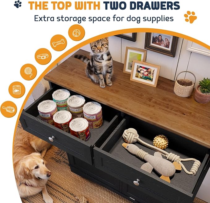 Double Door Dog Feeding Station with Storage, 10 Gallons Tilt Out Trash Can Cabinet, Dog Food Cabinet with Dog Bowls, Pet Organizer Cabinet for Kitchen/Living Room (Black, Double Door) - Image 3