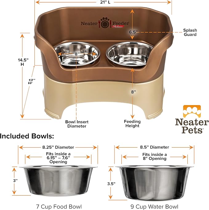 Neater Pet Brands Neater Feeder Deluxe Mess Proof Dog Bowls Elevated for Large Dogs Over 40 lbs, Made in USA, No Spill Raised Dog Food Bowl Stand Feeding Station, Food and Water Bowl Set, Bronze - Image 7